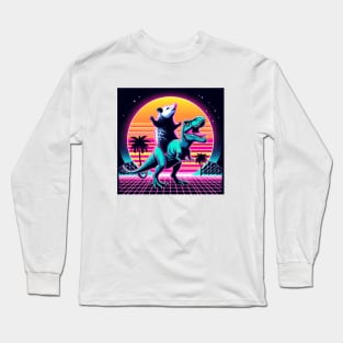 Weird Funny Opossum, Retro Synthwave, Riding T-Rex Dinosaur, Dark Humor Possumcore Long Sleeve T-Shirt